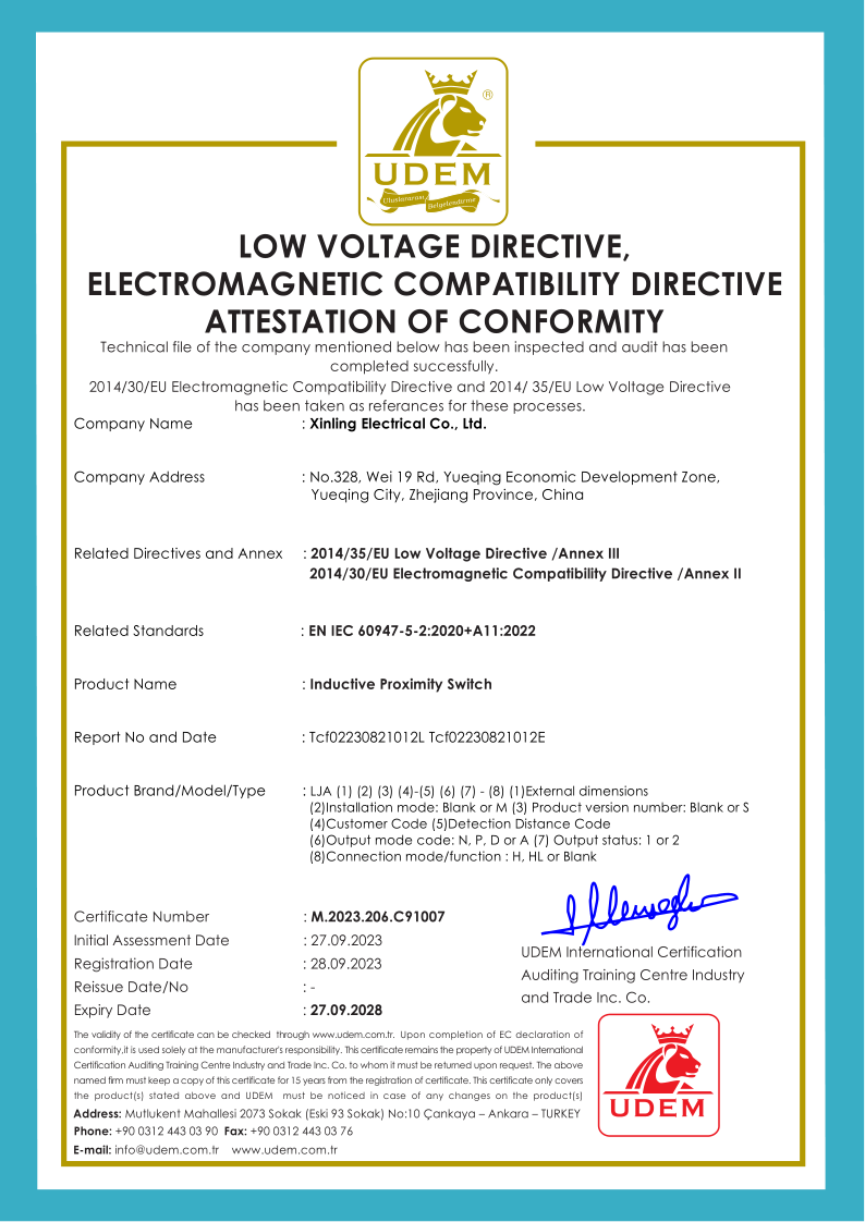 LJA系列電感式接近開關欣靈CE證書【CE】